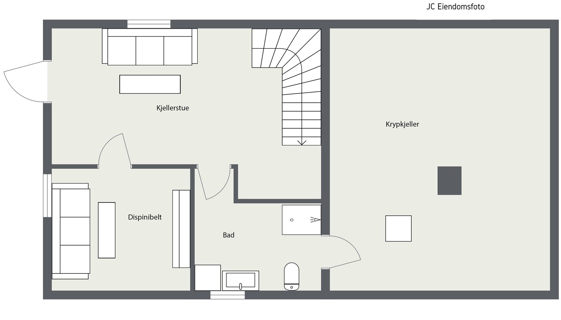 Plantegning kjeller - Kjelleren er innredet med kjellerstue, et disponibelt rom og et nytt bad/vaskerom.