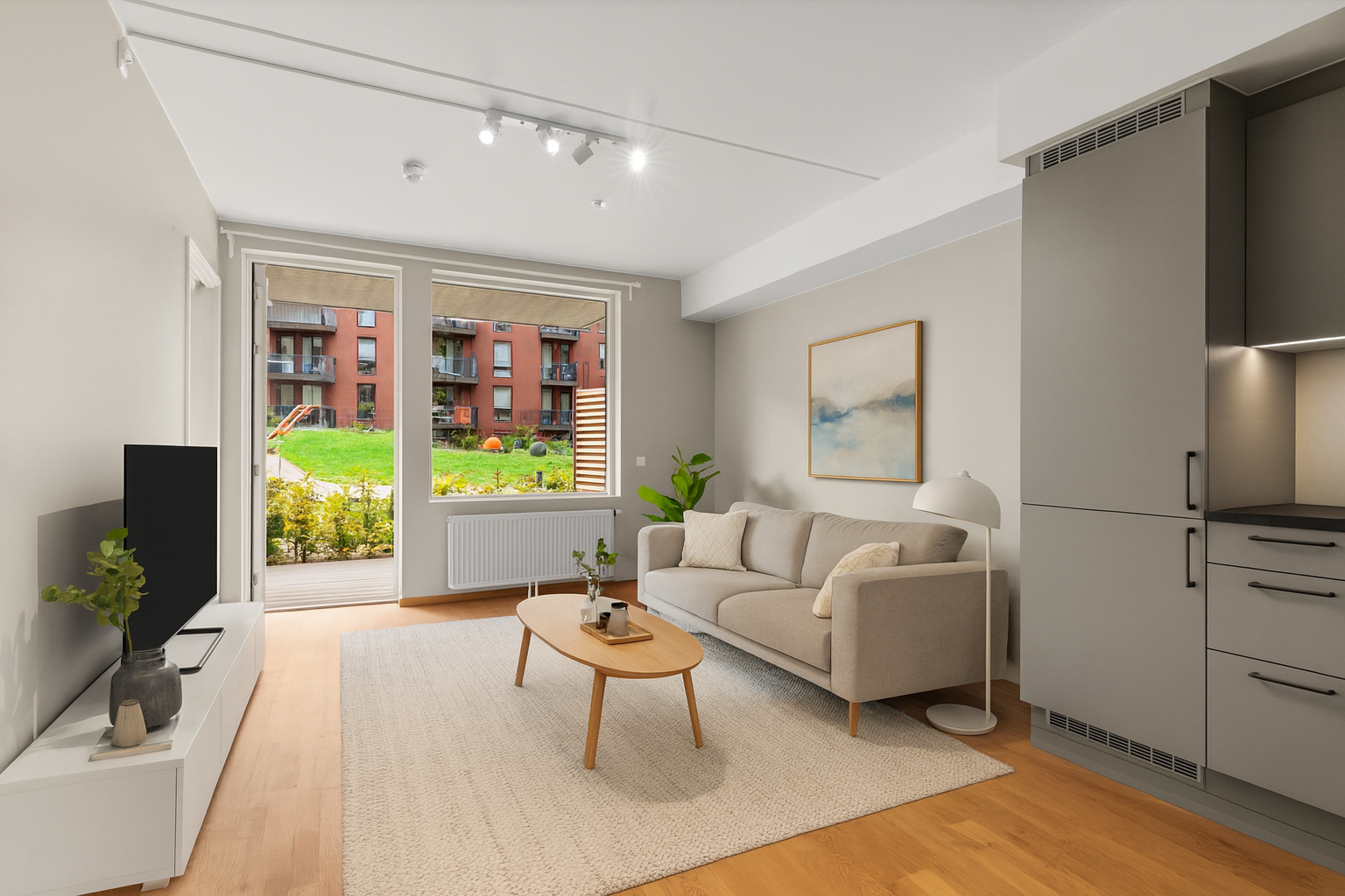 Stuen er romslig og har god plass til sofagruppe med tilhørende salongbord, TV-sjenk eller annet ønskelig stuemøblement. (Digitalt stylet)