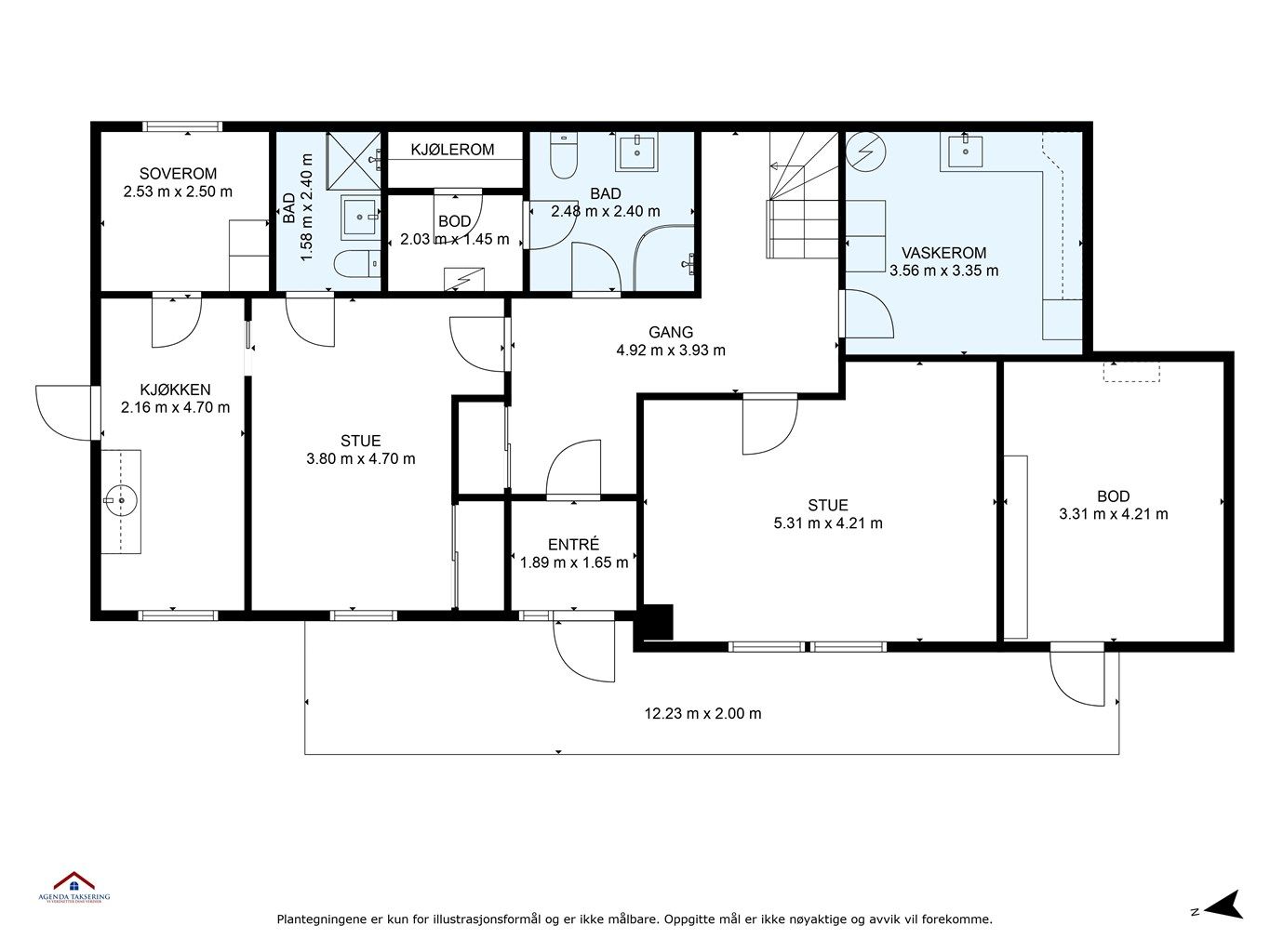 Plantegning med innvendige mål og himmelretning | Underetasjen