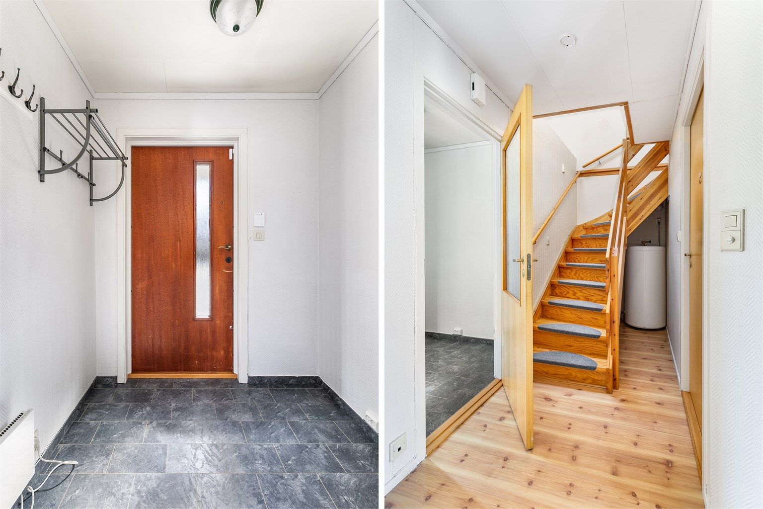 Til andre etasje er det adkomst rett fra entreen. Under trappen står boligens varmtvannsbereder.