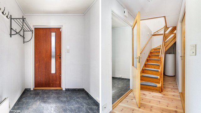 Til andre etasje er det adkomst rett fra entreen. Under trappen står boligens varmtvannsbereder.