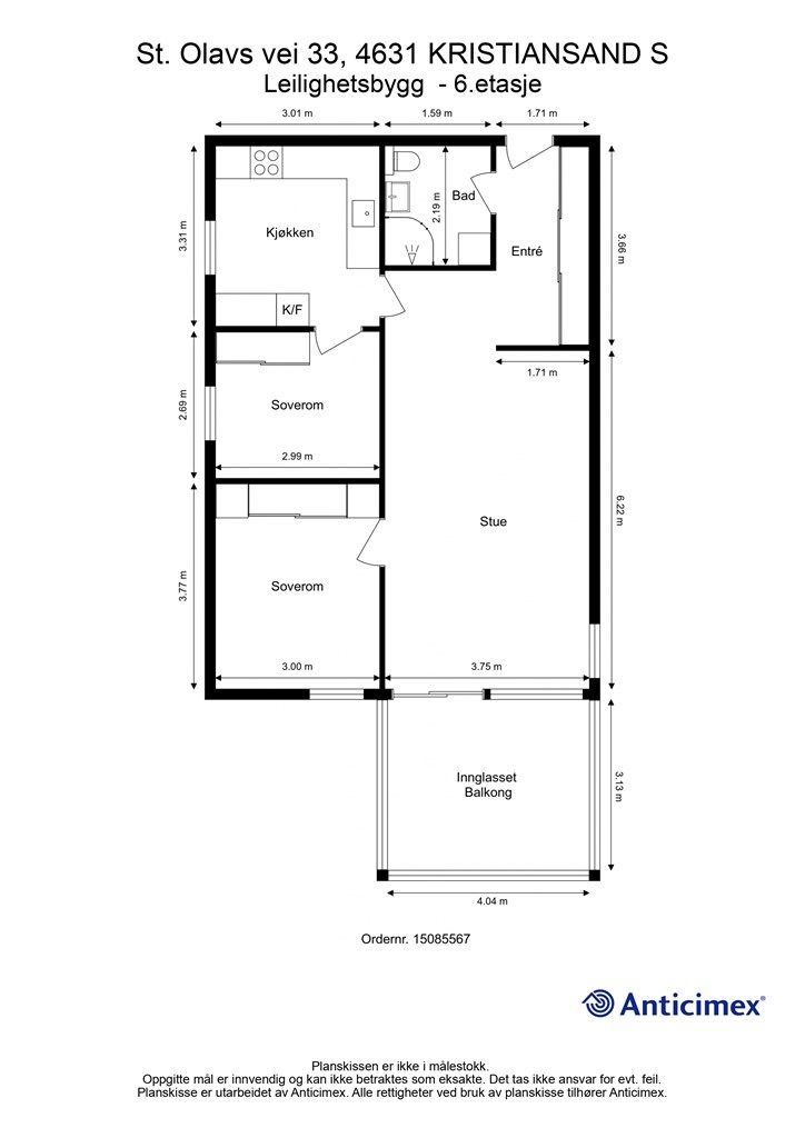 6. Etasje - 2D plantegning med mål