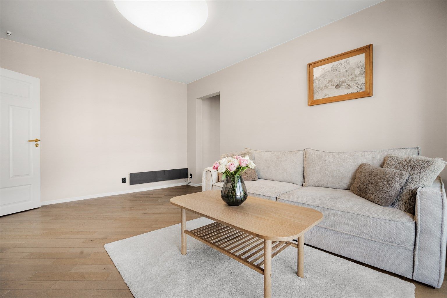 Parkett på gulv. Malte flater på vegger og i himling. 