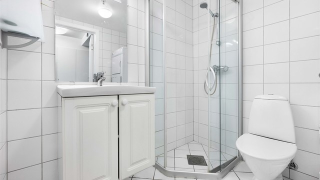 Dusjhjørne med buede glassdører og gulvstående toalett.
