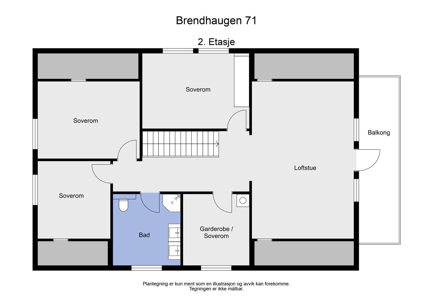 Loftsetasjen inneholder loftstue, fire soverom og et stort bad.