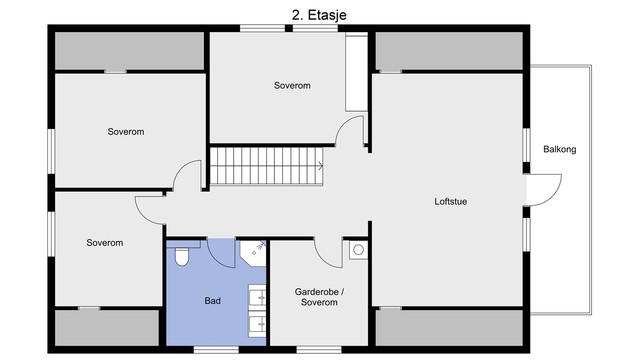 Loftsetasjen inneholder loftstue, fire soverom og et stort bad.
