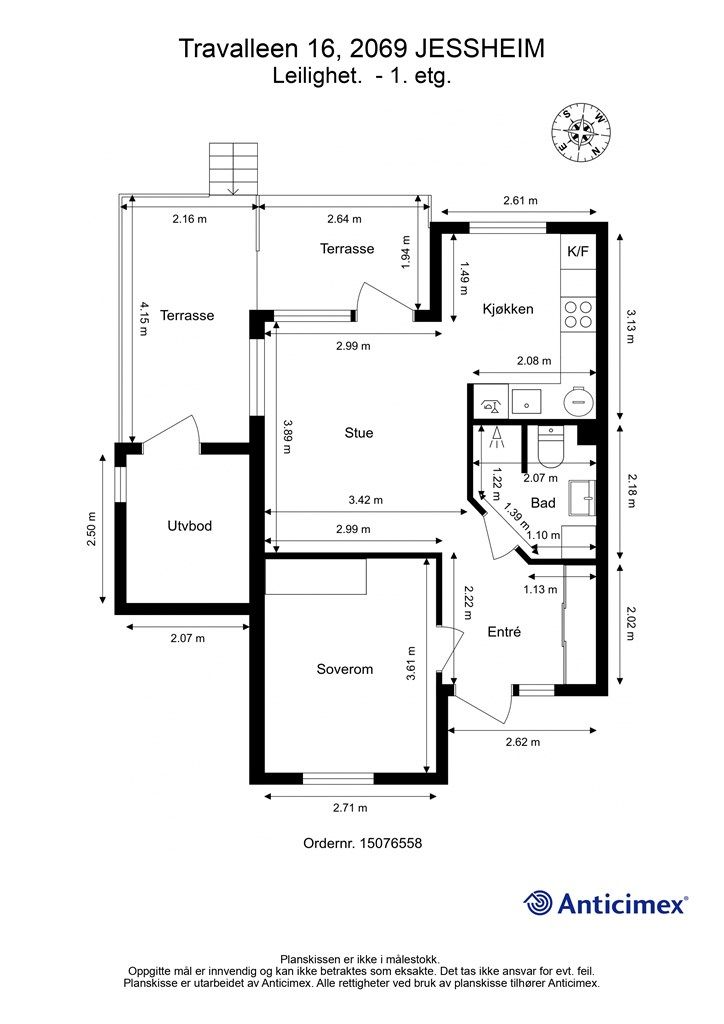 Plantegning med innvendige mål og himmelretning. 