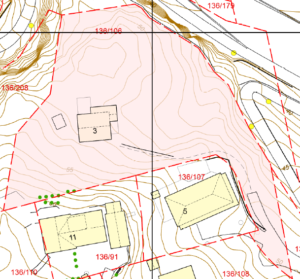 Kartutsnitt tomtegrense - 136/106 - ca. 2,7 mål tomt