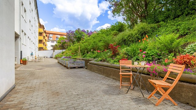 Hyggelig felles uteplass med sittegrupper og beplantning.