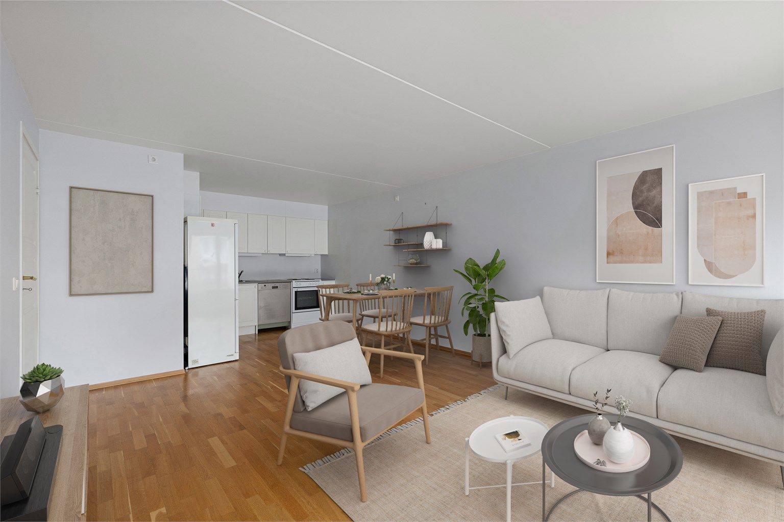 Det er en sosial åpen løsning mellom stuen og kjøkkenet - bildet er digitalt stylet. Foto av fotograf Petter Tanum 