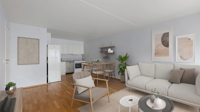 Det er en sosial åpen løsning mellom stuen og kjøkkenet - bildet er digitalt stylet. Foto av fotograf Petter Tanum