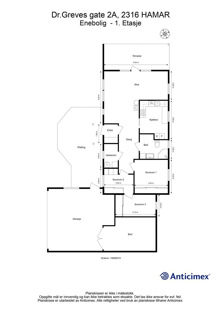 Plantegning - Soverom 3 er byggemeldt som bod, og er således ikke godkjent til varig opphold.