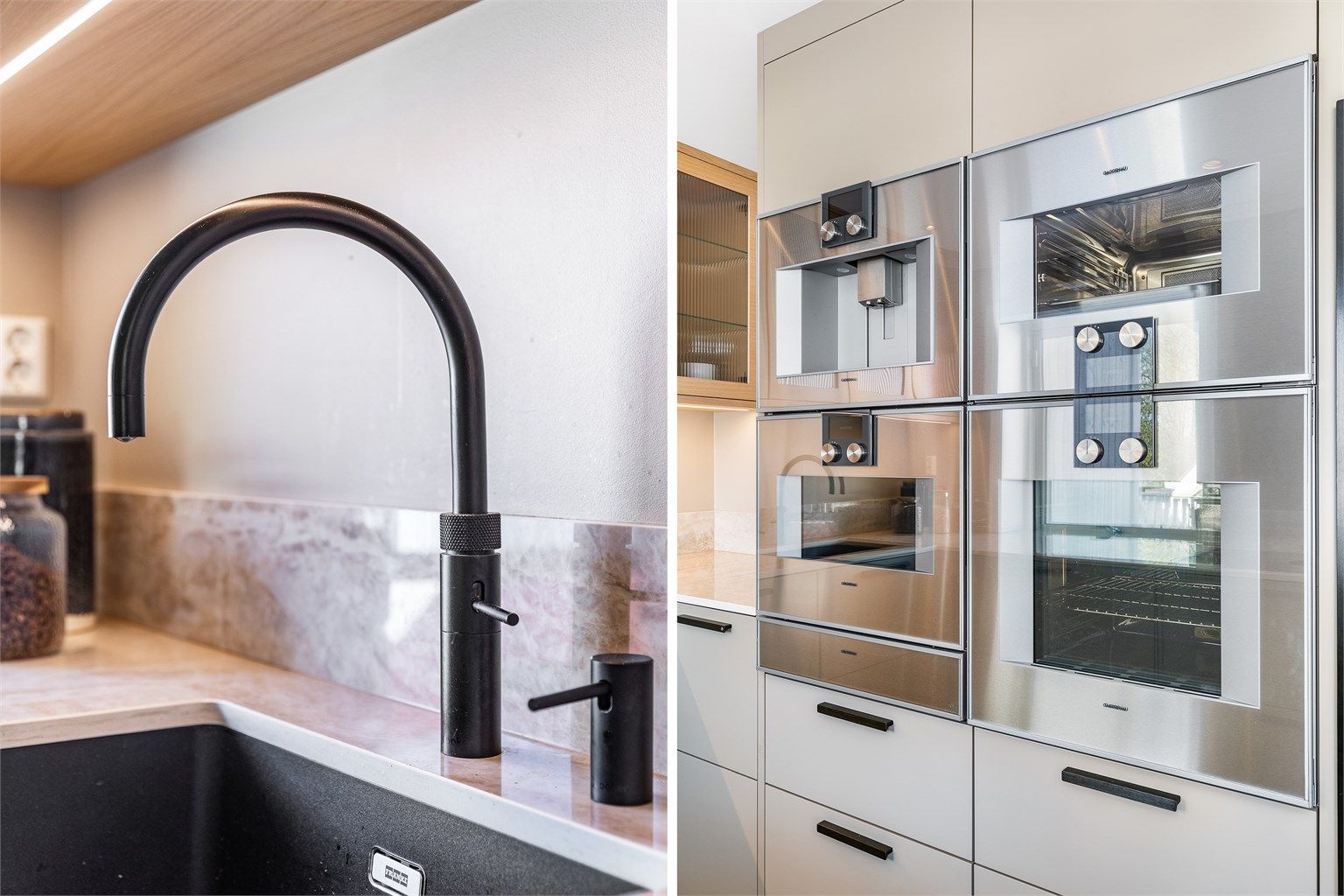 Kjøkkenet har et velassortert utvalg av integrerte hvitevarer, de fleste fra Gaggenau. System for hurtigoppvarming av vann er montert i benkeskap.