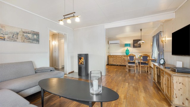 En peisovn med glassdør gir god varme og en hyggelig atmosfære i stuen.