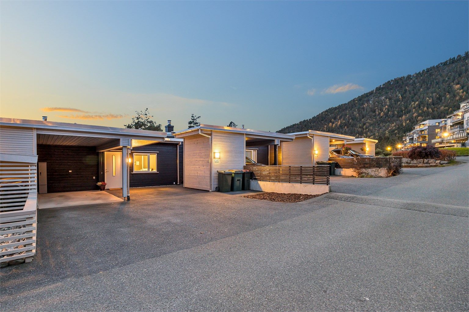 Asfaltert gårdsplass med carport og god plass til flere biler.