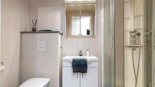 Våtrom i kjellerens hoveddel med dusjkabinett, servantmøbel og toalett. Etablering av våtrommet er ikke omsøkt/godkjent.