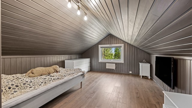 Loftstuen gir ekstra spillerom og er et perfekt areal for barn og unge. Loftsetasjen er ikke godkjent for varig opphold.