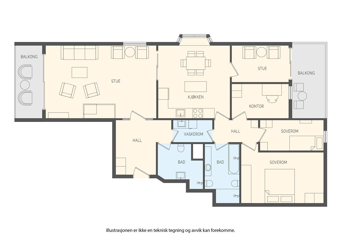 Leiligheten på 135 m² har en familievennlig planløsning med fire soverom, to bad og separat vaskerom.