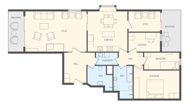Leiligheten på 135 m² har en familievennlig planløsning med fire soverom, to bad og separat vaskerom.
