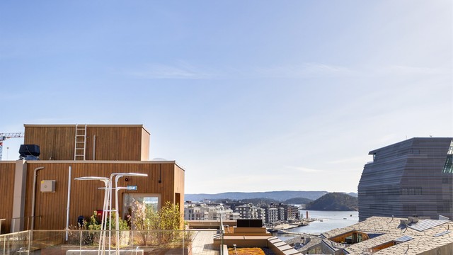 Takterrassen er pent opparbeidet med tredekke, beplantning og flere sittegrupper.