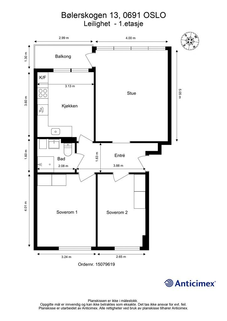 Leiligheten har en effektiv planløsning på 69 m² som omfatter entré, bad, kjøkken, stue og to soverom.