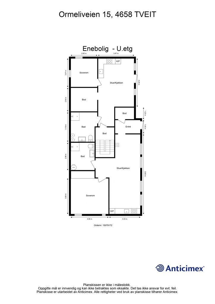 Plantegning - U.etg (hybeldel øverst fra tegning (ikke godkjent), leilighet nederst (godkjent)
