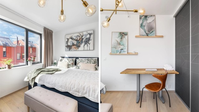 Hovedsoverommet er over 14 kvm. stort og innredet med en praktisk skyvedørsgarderobe som utnytter hele rommets bredde.