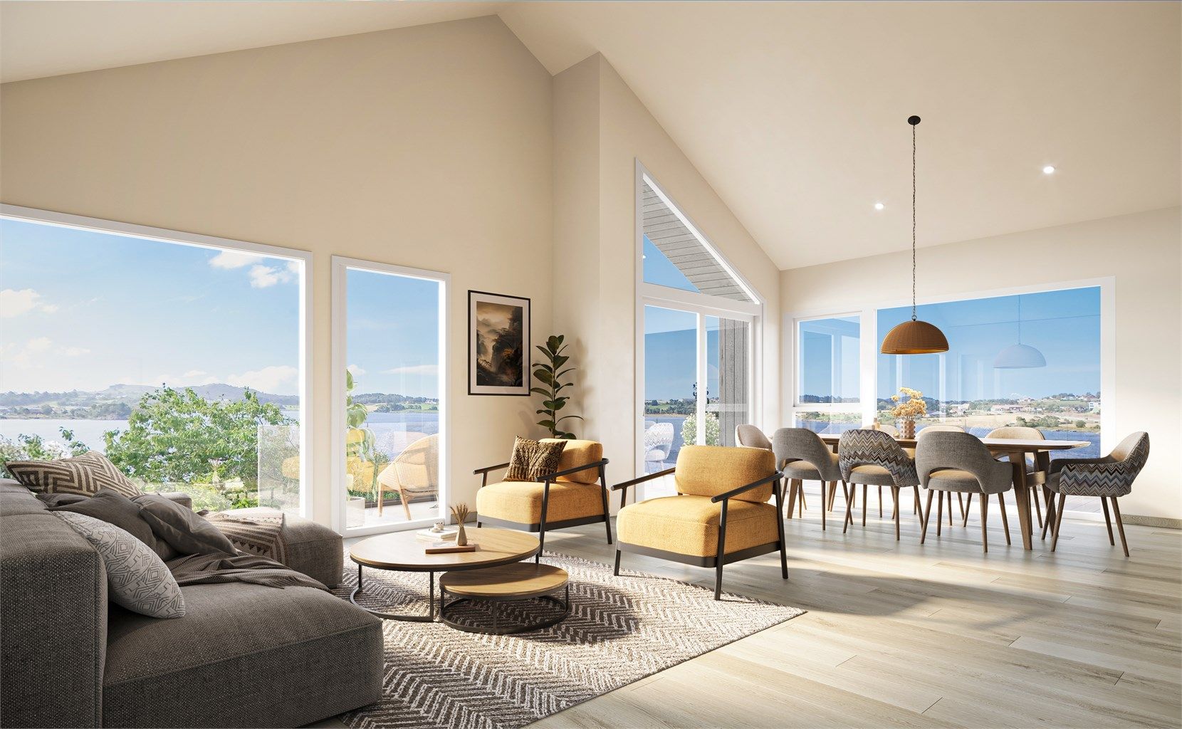 Stue med utsikt fra bolig B