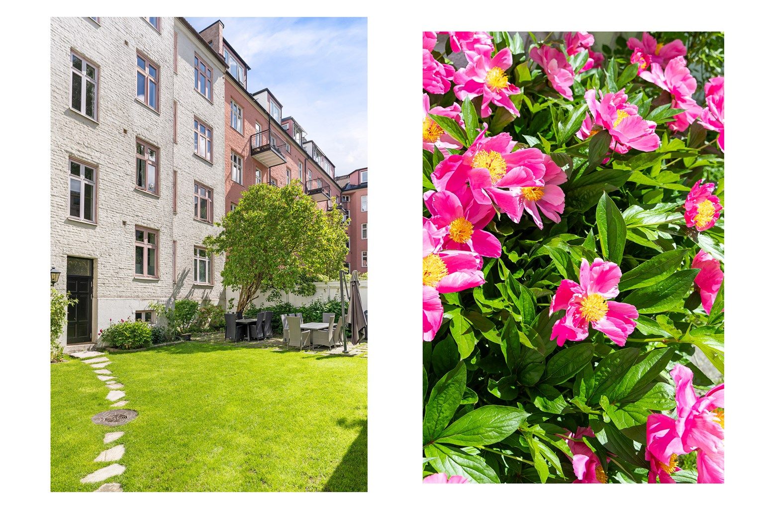 Bakgården er et skjermet og grønt fellesområde for beboerne.