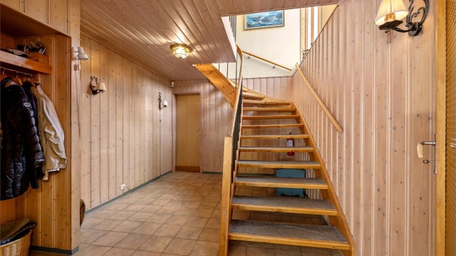 Fra vindfanget leder en tretrapp med teppebelagte trinn opp til hovedetasjen.