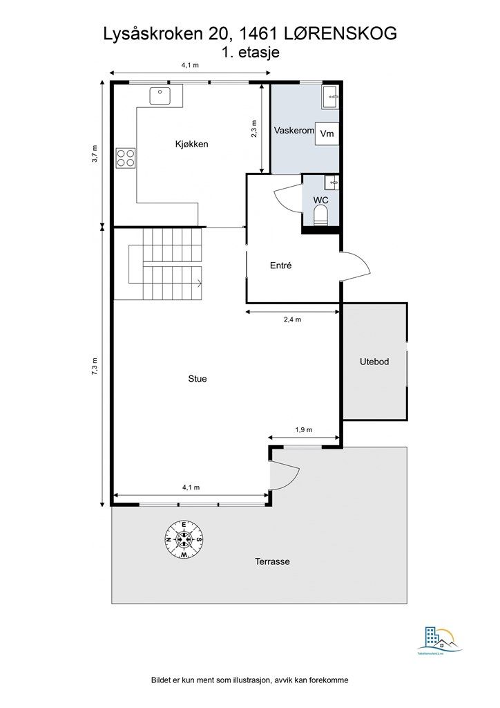 Første etasje har en sosial og praktisk planløsning med stue, kjøkken, entré, vaskerom og toalett.