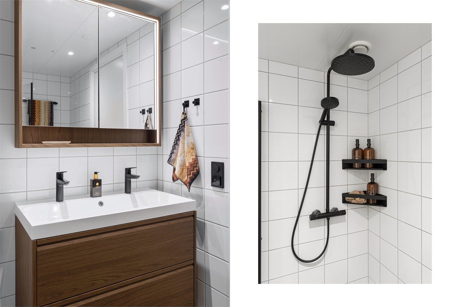 Badet er oppgradert med ny servantinnredning og et praktisk speilskap med integrert belysning.