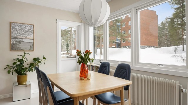 Vinduene i stuen har karmer av tre og 2-lags glass fra 1988.