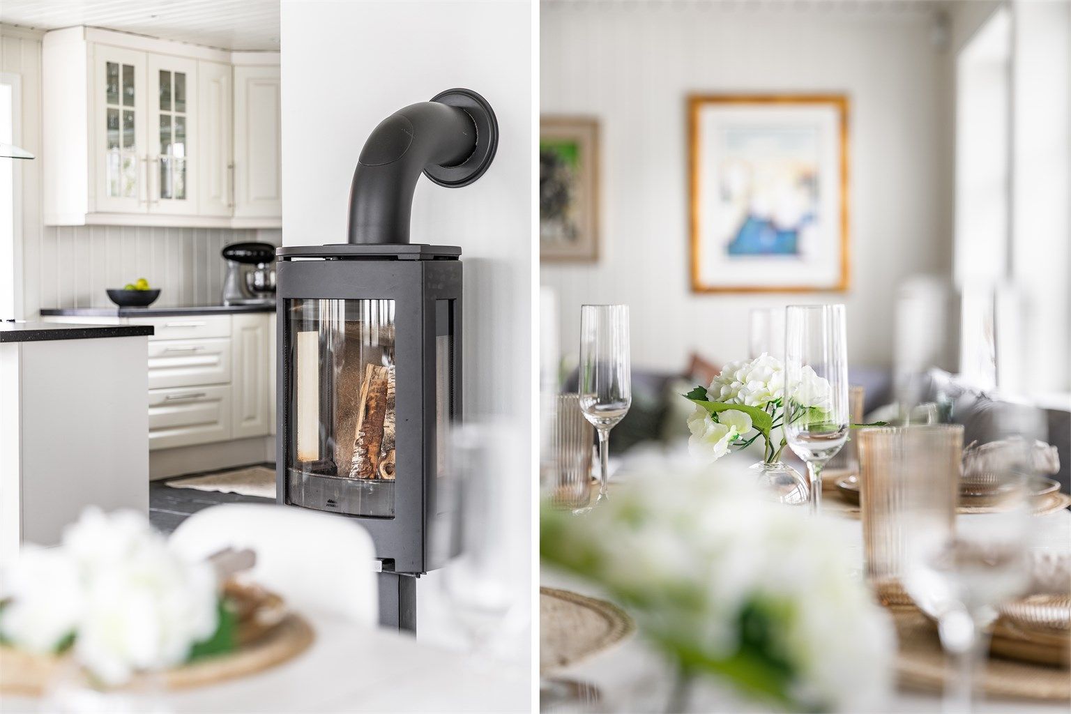 Sentralt i stuen står designovnen fra Jøtul, et både stemningsfremmende og varmende følge til spisebordet.