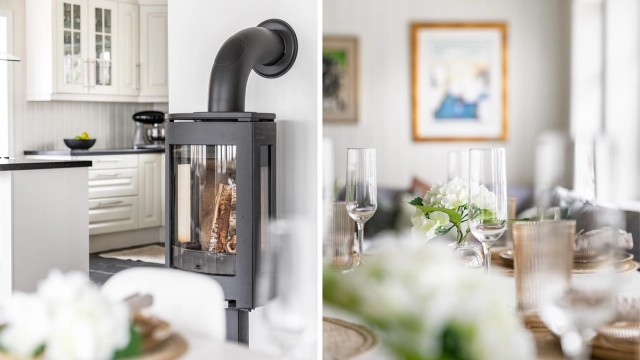 Sentralt i stuen står designovnen fra Jøtul, et både stemningsfremmende og varmende følge til spisebordet.