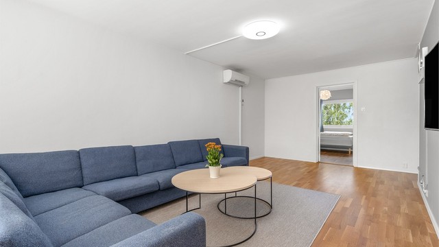 Leiligheten har en romslig stue med god plass til sofamøblement og andre sittegrupper.