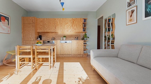 Stue og kjøkken utgjør en sosial sone på over 20 m².