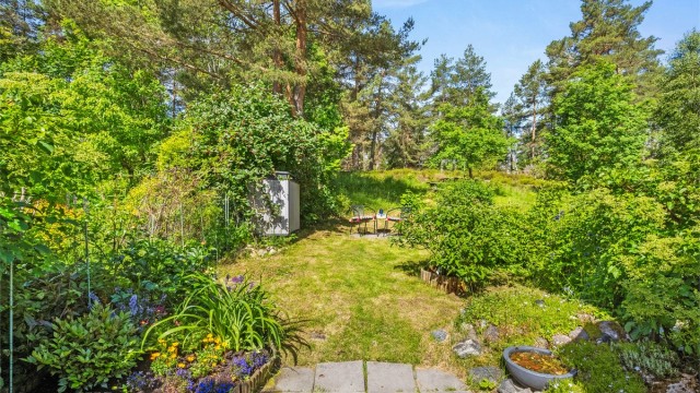 Hagen er en usjenert oase med direkte utgang til skogholtet bak huset.