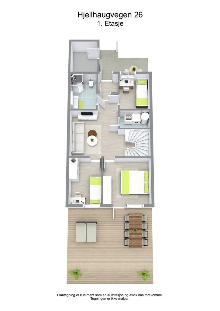 Illustrasjon av planløsningen i første etasje.