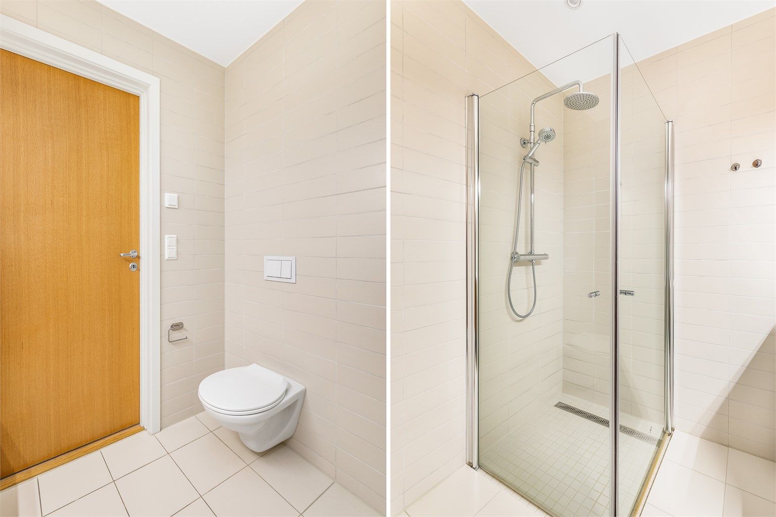Dusjhjørnet er utstyrt med både hånd- og regndusj. Dusjdørene kan svinges inn for å maksimere den tilgjengelige gulvflaten på badet.