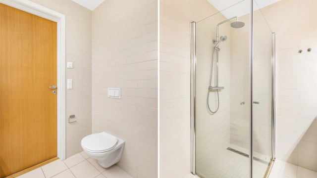 Dusjhjørnet er utstyrt med både hånd- og regndusj. Dusjdørene kan svinges inn for å maksimere den tilgjengelige gulvflaten på badet.
