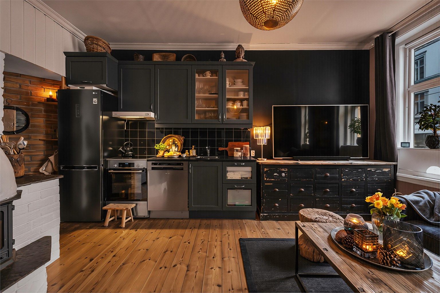 Takhøyden er god, dette i kombinasjon med de store vindusflatene og den gjennomgående planløsningen får man en meget god romfølelse i leiligheten.