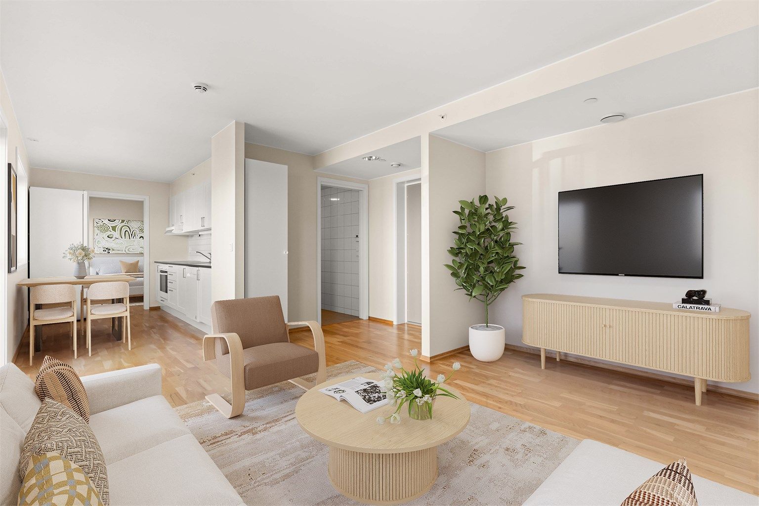 Parkett på gulv og vannbåren gulvvarme gir en lun og behagelig atmosfære. Bilde er digitalt stylet. 