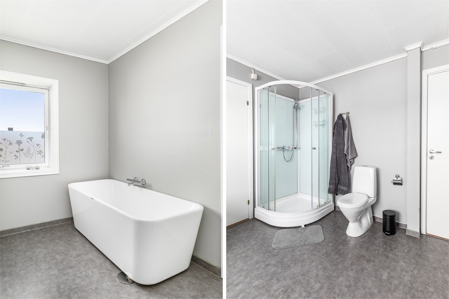 Med både dusjkabinett og et moderne badekar byr badet på valgfrihet. Rommet har begrenset ventilasjon, et forhold som isolert er gitt TG 3 og bør utbedres.