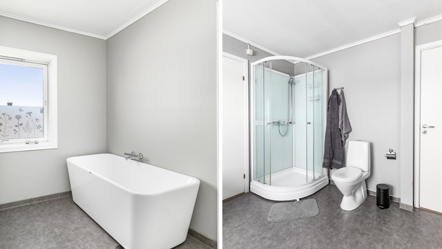 Med både dusjkabinett og et moderne badekar byr badet på valgfrihet. Rommet har begrenset ventilasjon, et forhold som isolert er gitt TG 3 og bør utbedres.