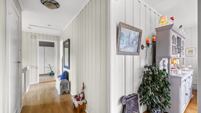 Detaljer fra gangen som leder inn mot stue og spisestue.