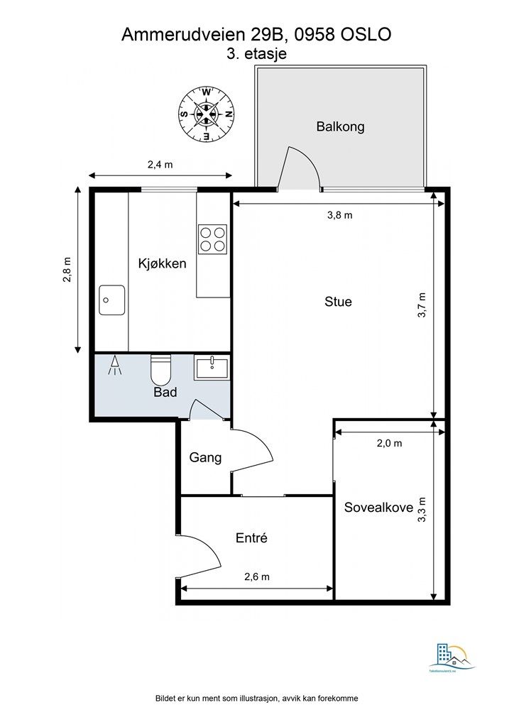 Leiligheten har en gjennomtenkt og arealeffektiv planløsning på 40 m² med separat kjøkken og vestvendt balkong.
