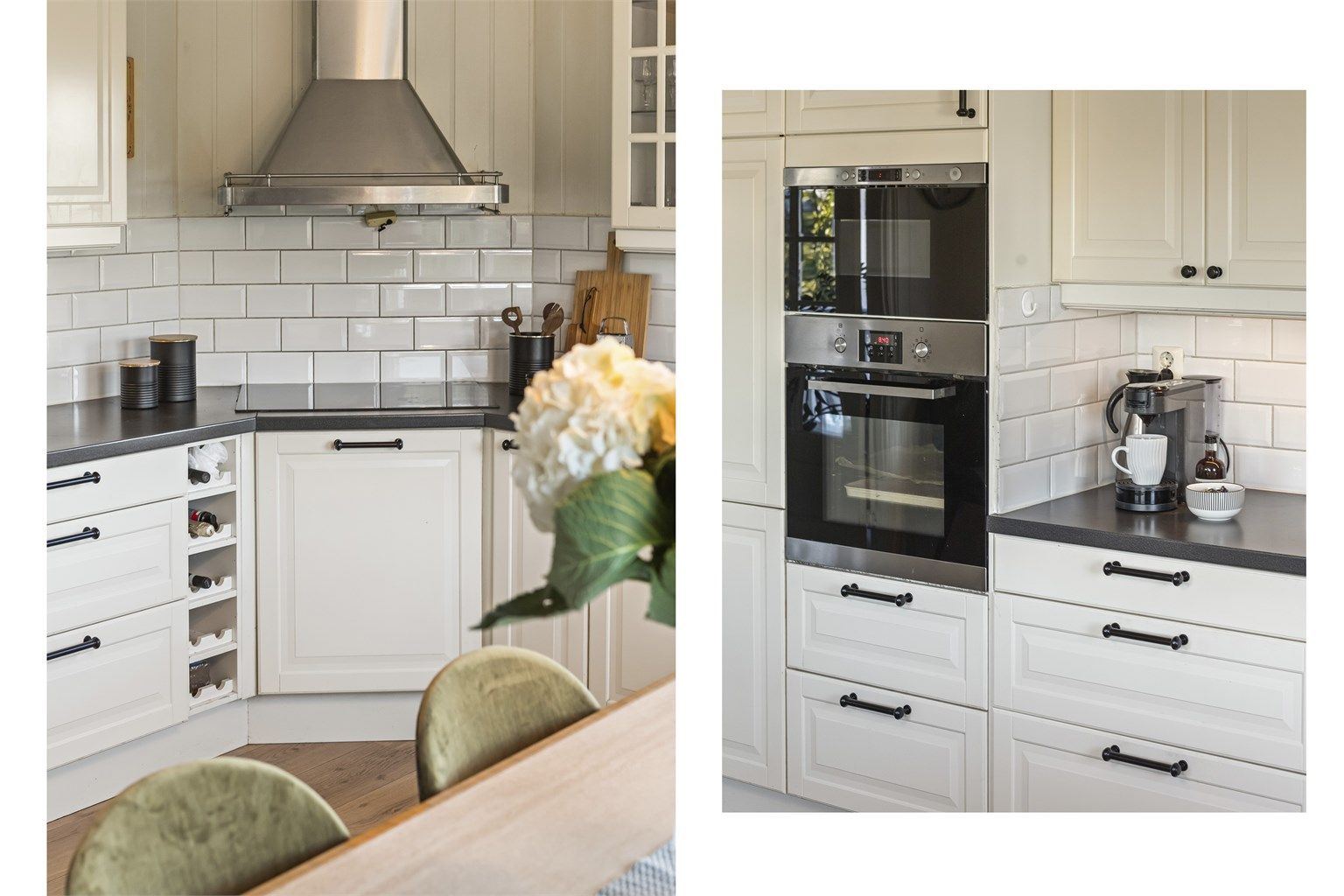 Det medfølger integrert stekeovn, platetopp, oppvaskmaskin og to kjøleskap med frysedel.