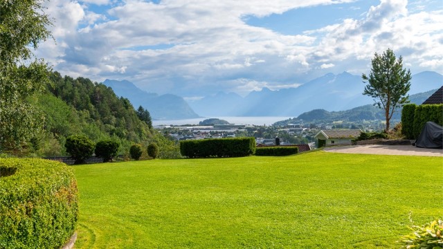 Pent opparbeidet hage med nydelig utsikt mot Sunnmørsfjella og innløpet til Hjørungfjorden i syd