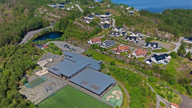Dronefoto over Fauskanger barne- og ungdamsskole/idrettsplass